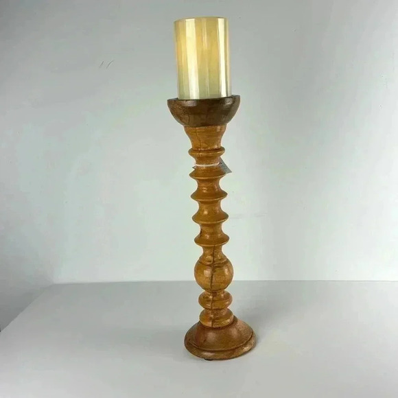 Wooden tall candle holder from India with a Martha Stewart lighted candle - Picture 4 of 5